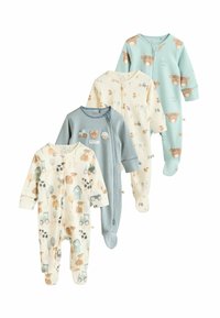 Vier Babystrampler mit verschiedenen Mustern: Tiere, Traktoren und Naturszenen. Die Farben umfassen hellblau, creme und blau-gestreift. Aus Baumwollmaterial.