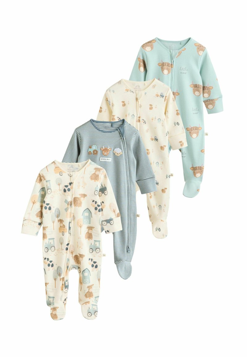 Vier Babystrampler mit verschiedenen Mustern: Tiere, Traktoren und Naturszenen. Die Farben umfassen hellblau, creme und blau-gestreift. Aus Baumwollmaterial.