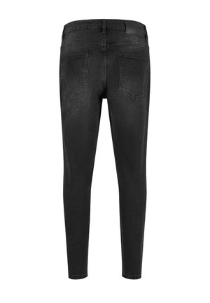 Black denim skinny jeans with a smooth texture, featuring a mid-rise waist, standard back pockets, and a minimalist design.