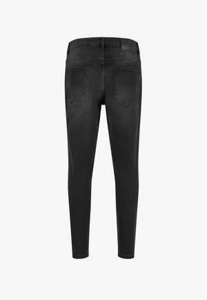 Jeans skinny in denim nero con una texture liscia, dotati di vita media, tasche posteriori standard e un design minimalista.