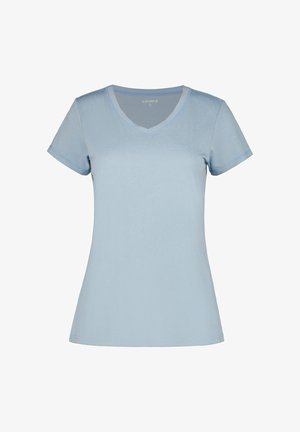 Camiseta para mujer de manga corta, azul claro, ajustada, con cuello en V y un logo discreto de la marca en el pecho.