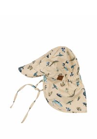 Cappello da sole in cotone beige con motivi di animali colorati, ampia visiera, lacci regolabili e parte posteriore arricciata per una vestibilità sicura.