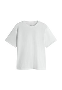 Weißes Baumwoll-T-Shirt mit kurzen Ärmeln, einem runden Halsausschnitt und einem lockeren Schnitt. Es hat eine glatte Textur und keine zusätzlichen Muster oder Akzente.