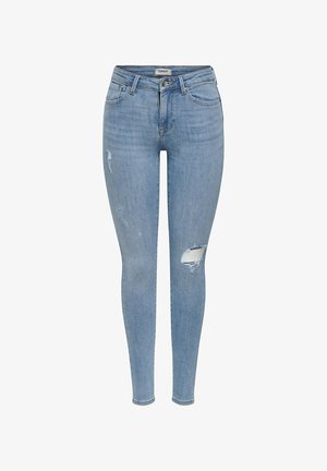 Ανοιχτό μπλε στενά τζιν με ξεθωριασμένο φινίρισμα. Διαθέτουν σκισίματα κοντά στα γόνατα και κλασικό σχέδιο με πέντε τσέπες.