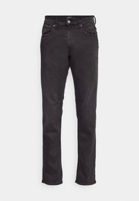 Jeans negros de pierna recta con bolsillos delanteros y traseros, cierre de botón y lazos para cinturón, exhibidos sobre un fondo blanco.