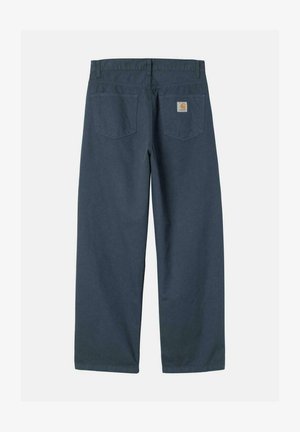 Pantalones de algodón azul oscuro con un diseño de pierna recta, que cuentan con dos bolsillos traseros y un pequeño parche con el logo en el bolsillo derecho.