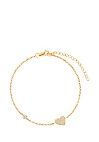 Złota bransoletka łańcuszkowa z zawieszką w kształcie serca, ozdobioną przezroczystymi kamieniami szlachetnymi oraz małym okrągłym akcentem. Posiada regulowane zapięcie dla lepszego dopasowania.