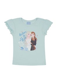 Camiseta de manga corta azul claro con detalles de volantes y estampado "Hermanas para Siempre", que presenta a dos personajes animados de Frozen.