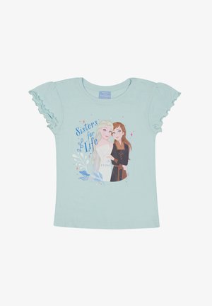 Himmelblaues Kurzarm-T-Shirt mit Rüschendetails und dem Aufdruck "Sisters for Life", der zwei animierte Charaktere aus Die Eiskönigin zeigt.