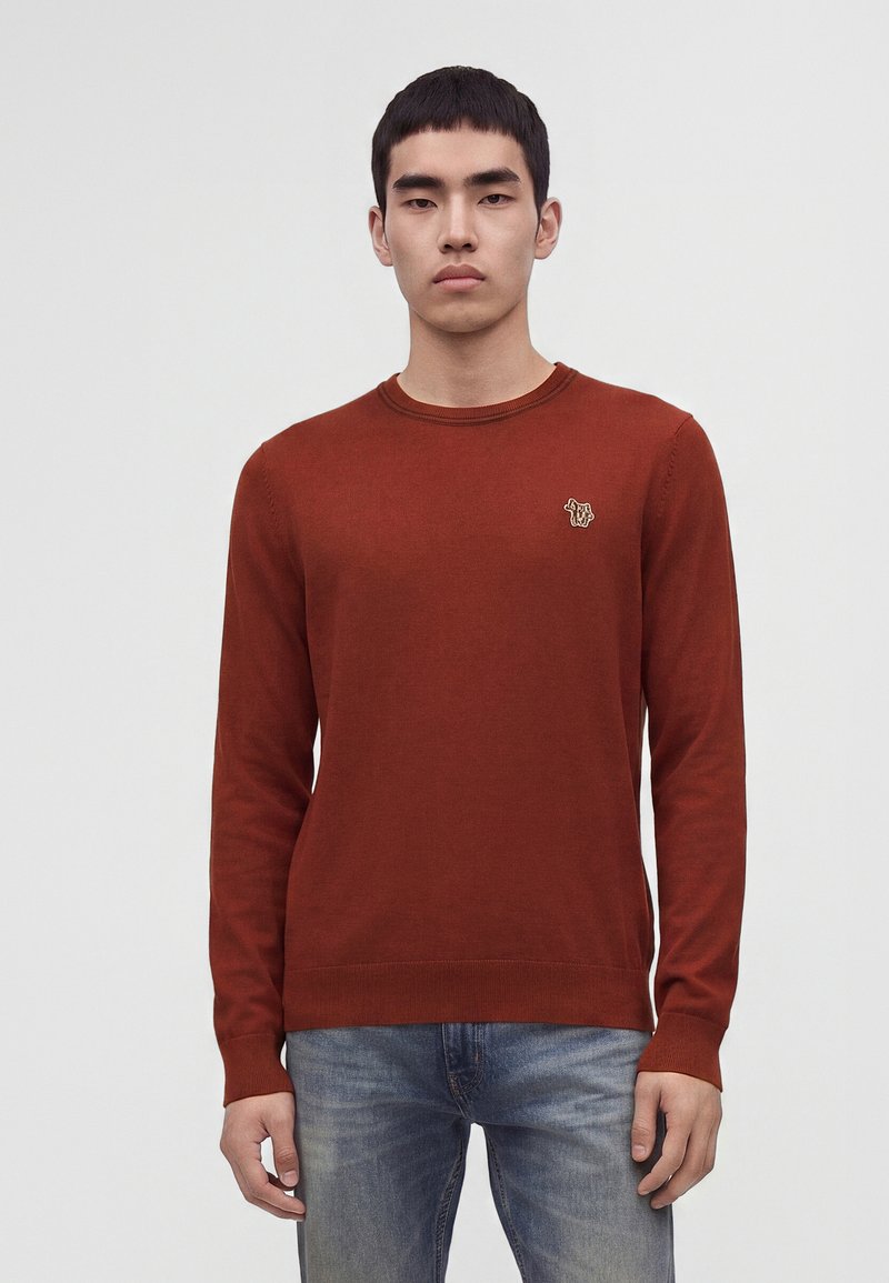 Jeune homme aux cheveux courts et foncés, portant un pull ras du cou couleur rouille et un jean bleu, debout devant un fond clair uni.
