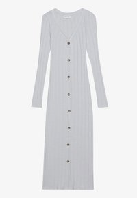 Long, ribbed, light grey dress featuring a V-neck, long sleeves, and button front closure with circular brown buttons.