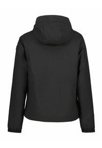 Zwarte hoodiejack met een gestructureerd oppervlak, elastische manchetten en een casual ontwerp. De achterkant heeft een eenvoudige en functionele uitstraling.