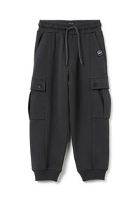 Pantalones de chándal de color gris oscuro con cintura elástica, cordón, bolsillos tipo cargo y puños acanalados. Fabricados en una suave tela texturizada.