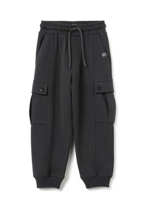 Donkergrijze sweatpants met een elastische tailleband, koord, cargopockets en geribbelde boorden. Gemaakt van zachte, gestructureerde stof.