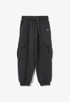 Donkergrijze sweatpants met een elastische tailleband, koord, cargopockets en geribbelde boorden. Gemaakt van zachte, gestructureerde stof.
