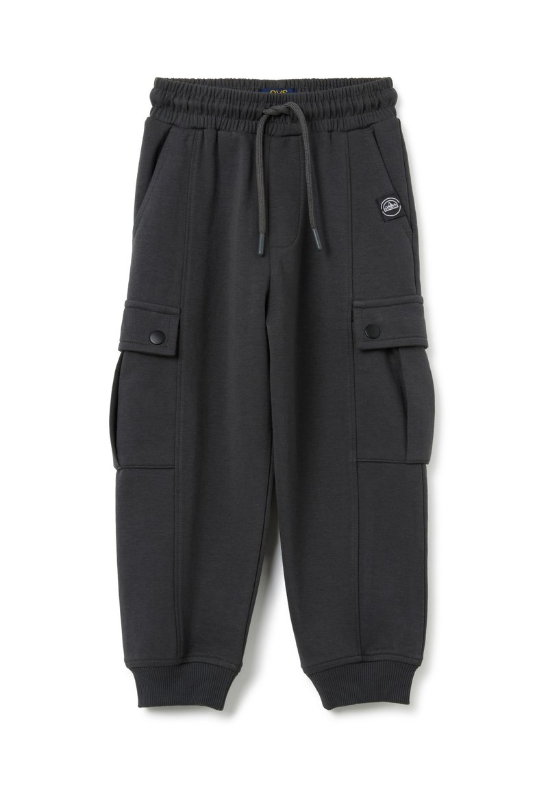 Pantalones de chándal de color gris oscuro con cintura elástica, cordón, bolsillos tipo cargo y puños acanalados. Fabricados en una suave tela texturizada.
