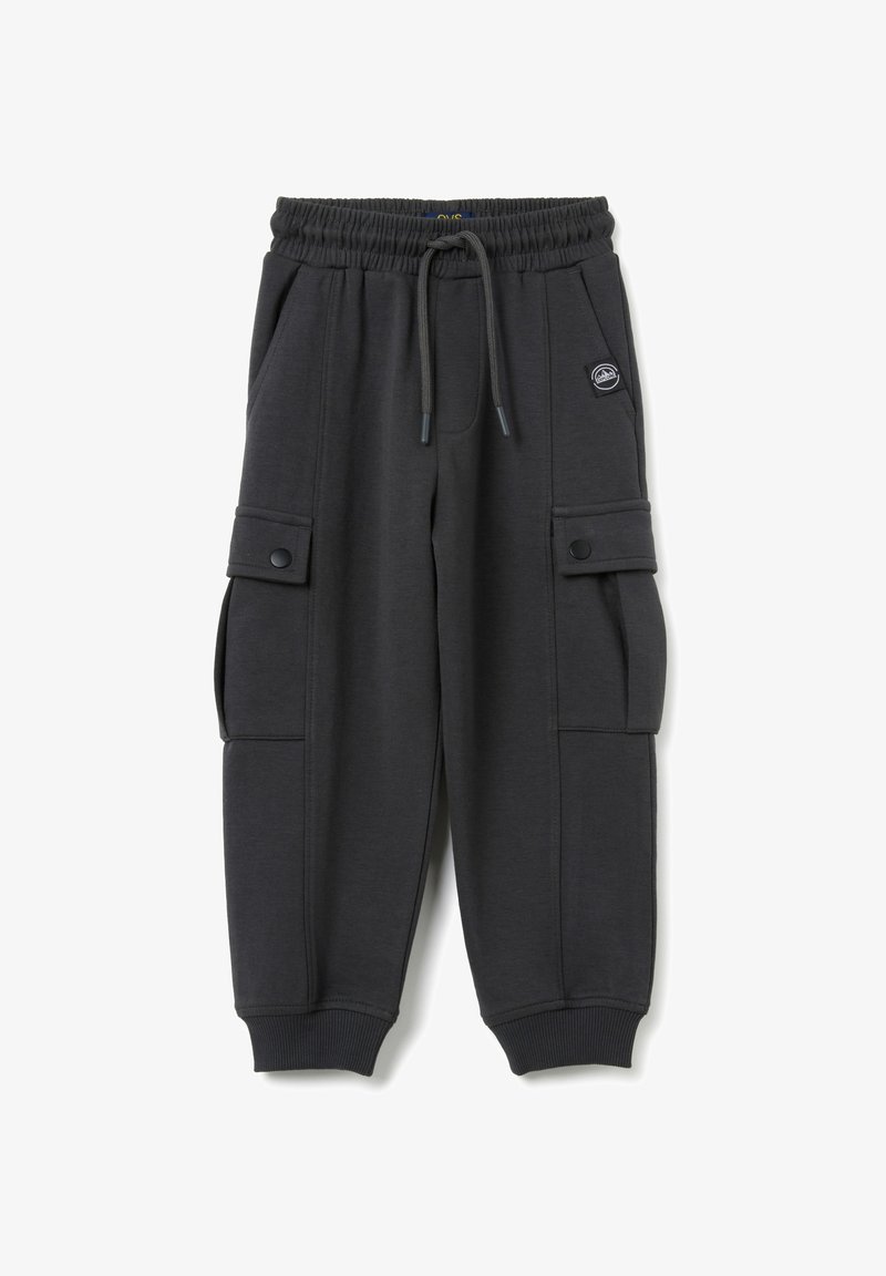 Donkergrijze sweatpants met een elastische tailleband, koord, cargopockets en geribbelde boorden. Gemaakt van zachte, gestructureerde stof.