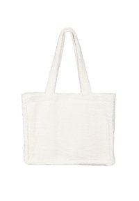 Witte tote bag van zacht, textuurstof met twee stevige handvatten en een rechthoekige vorm. Heeft een eenvoudig, onopgesmukt ontwerp.