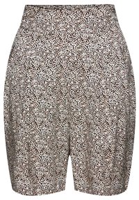 Shorts con motivo floreale in beige, marrone e bianco, dotati di una cintura elastica e di una vestibilità rilassata. Il materiale sembra leggero e texturizzato.