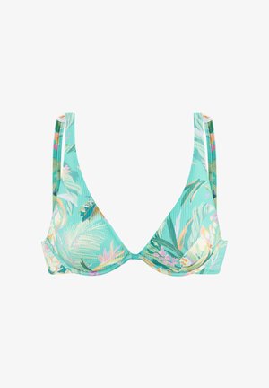 Minzgrünes Bügel-Bikinioberteil mit tropischem Blatt- und Blumenmuster, ausgestattet mit verstellbaren Schulterriemen.