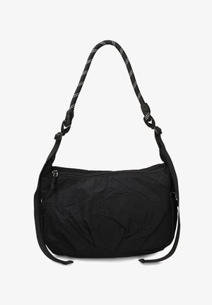 Borsa a tracolla in tessuto nero con tasca frontale con zip, tracolla nera regolabile e manico intrecciato bianco e nero, con logo GMV discreto.