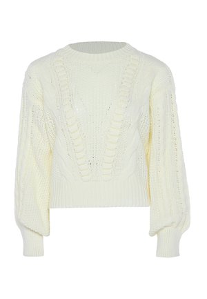 Licht crèmekleurige gebreide sweater met een textuurpatroon, brede mouwen en een cropped zoom. Met een diepe V-hals en ribgebreide manchetten.