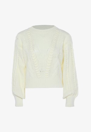 Világos krémszínű kötött pulóver, texturált mintával, széles ujjakkal és cropped szegéllyel. Mély V-kivágással és bordás mandzsettákkal rendelkezik.