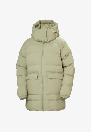 Lichtgroene gewatteerde jas met een hoge kraag, voorsluiting met rits, twee klepzakken en elastische manchetten, met een zachte, gladde textuur.