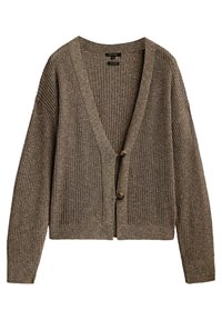 Braunes, geripptes Strickjacke mit tiefem V-Ausschnitt, zwei Knöpfen und langen Ärmeln mit kurzem Saum. Hergestellt aus weichem, strukturiertem Stoff.