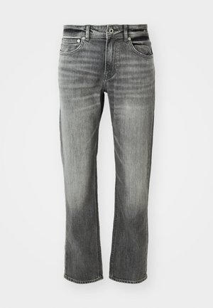 Graue Jeans aus Denim mit entspannter Passform, mit Knopfverschluss, fünf Taschen und einer verwaschenen Textur. Der Saum ist gerade und genäht.