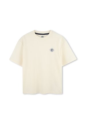 T-shirt color crema in cotone, caratterizzato da un piccolo logo blu sul lato sinistro del petto, colletto a girocollo e maniche corte. Design classico.