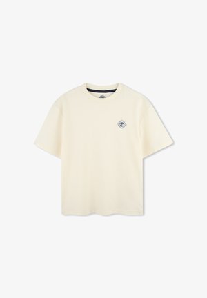 Crème-kleurig T-shirt van katoen, met een klein blauw logo op de linkerborst, ronde hals en korte mouwen. Klassiek ontwerp.