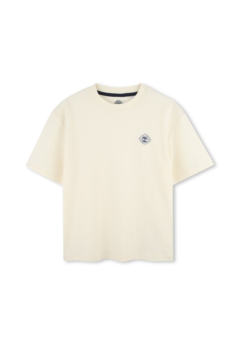 Crème-kleurig T-shirt van katoen, met een klein blauw logo op de linkerborst, ronde hals en korte mouwen. Klassiek ontwerp.