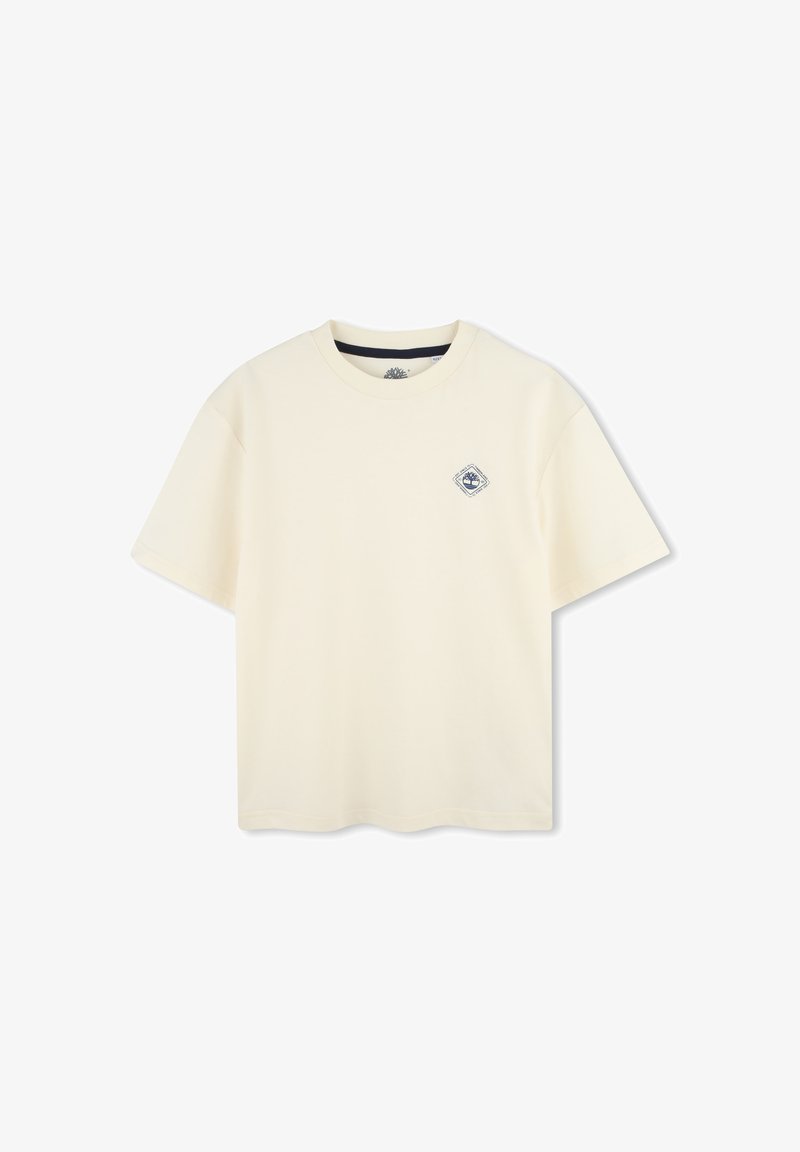 Crème-kleurig T-shirt van katoen, met een klein blauw logo op de linkerborst, ronde hals en korte mouwen. Klassiek ontwerp.