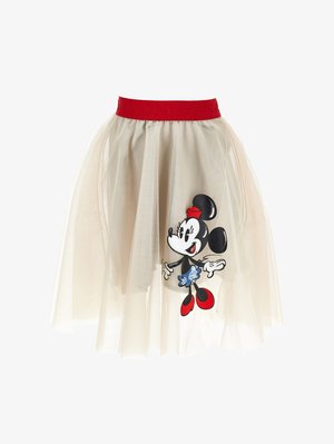 Šviesiai įdegio tulle sijonas su raudona elastine juosta, kurioje pavaizduota grafika su Minnie Mouse juodais, raudonais ir mėlynais akcentais.