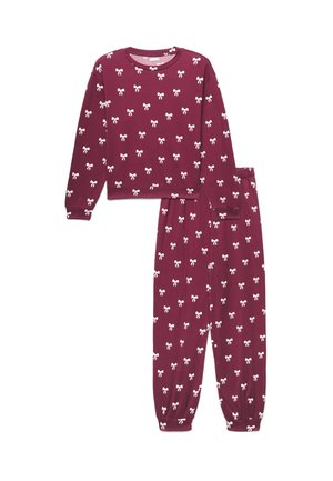 Completo bordeaux con maglia a maniche lunghe e pantaloni con motivi a fiocchi bianchi, polsini elasticizzati e una vestibilità comoda e rilassata per abbigliamento da casa o pigiama.