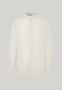 Camicia a maniche lunghe color beige chiaro con colletto alto, caratterizzata da sottili righe verticali, chiusura con bottoni e orlo leggermente curvo.