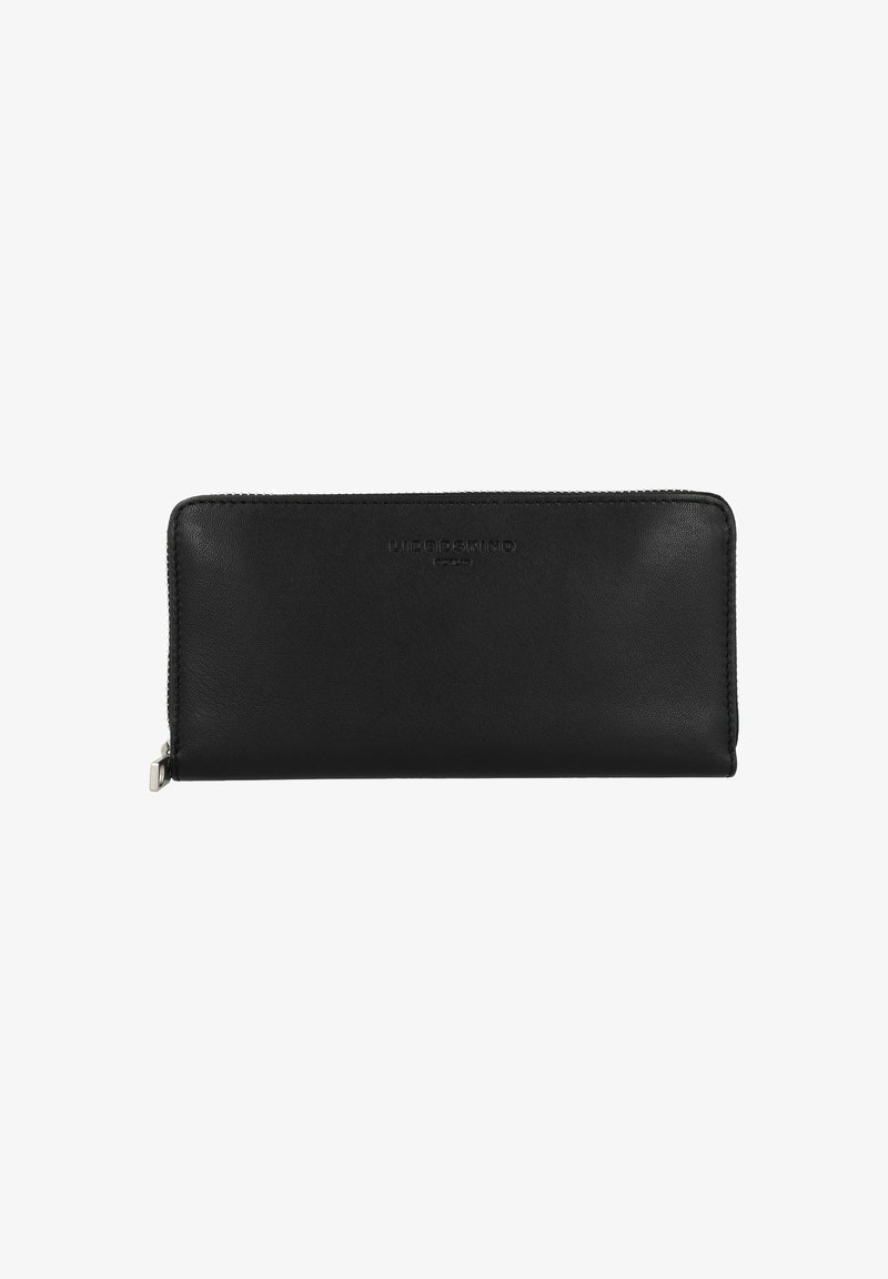 Black leather zip-around wallet with embossed brand name "LIEBESKIND BERLIN" on front center.