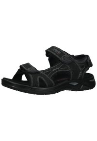 Schwarze Sandale mit offenem Design, aus synthetischen Materialien gefertigt, mit verstellbaren Riemen, kontrastierender Naht und strukturiertem Sohlen.