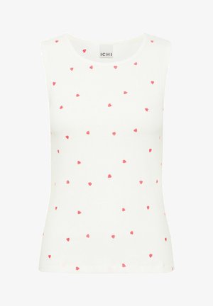 Top sans manches blanc en tissu côtelé, présentant un motif de petits cœurs rouges espacés uniformément sur la surface.