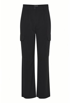 Black cargo pants with a straight, wide leg design. Features two side pockets and a button closure at the waist. Smooth fabric texture.