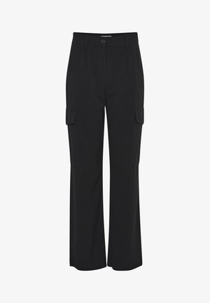 Schwarze Cargo-Hosen mit geradem, weitem Bein-Design. Verfügt über zwei Seiten Taschen und einen Knopfverschluss an der Taille. Glatte Stofftextur.