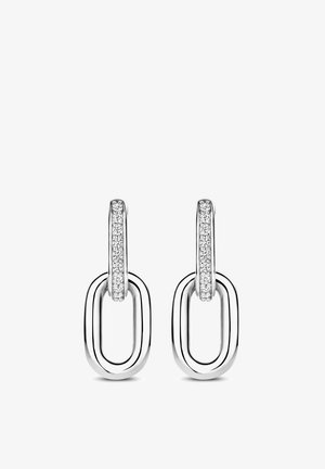 Silver hoop earrings featuring linked oval shapes, accented with small clear stones on the top section, smooth finish, modern design.