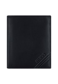 Schwarze Leder-Bi-Fold-Geldbörse mit geprägtem "mano"-Logo und diagonal gesteppten Linien in der unteren rechten Ecke.