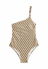 Én-skulder badedragt i creme med diamantmønster i brun og guld. Inkluderer teksturerede stropdetaljer. Glat indvendigt stof.