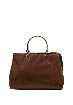 Rjava usnjena torbica z zaobljenimi zlatimi kovinskimi ročaji in strukturirano pravokotno obliko na belem ozadju.