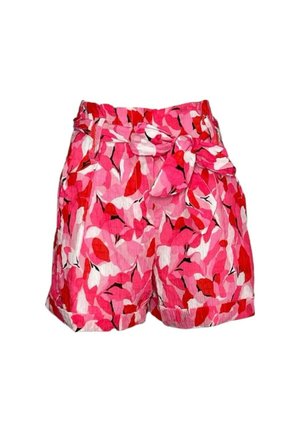 Shorts a vita alta con motivo floreale rosso, rosa, bianco e nero, con cintura in tessuto annodata in vita e orlo risvoltato.