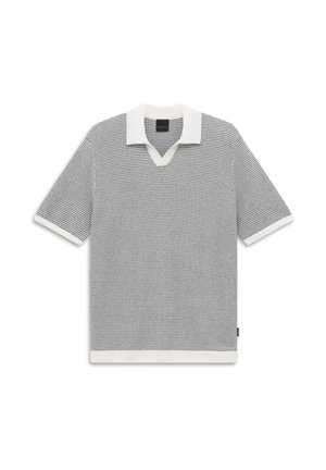 Polo in maglia a maniche corte con motivo bianco e nero, colletto, polsini e orlo bianchi.