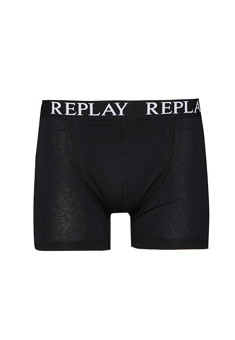 Schwarze Boxershorts aus glattem Stoff, ausgestattet mit einem weißen elastischen Bund, auf dem der Markenname "REPLAY" durchgängig aufgedruckt ist.