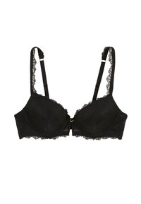 Soutien-gorge en dentelle noire avec des motifs floraux, des bretelles réglables, un détail en métal doré au centre et des bords en dentelle festonnée.